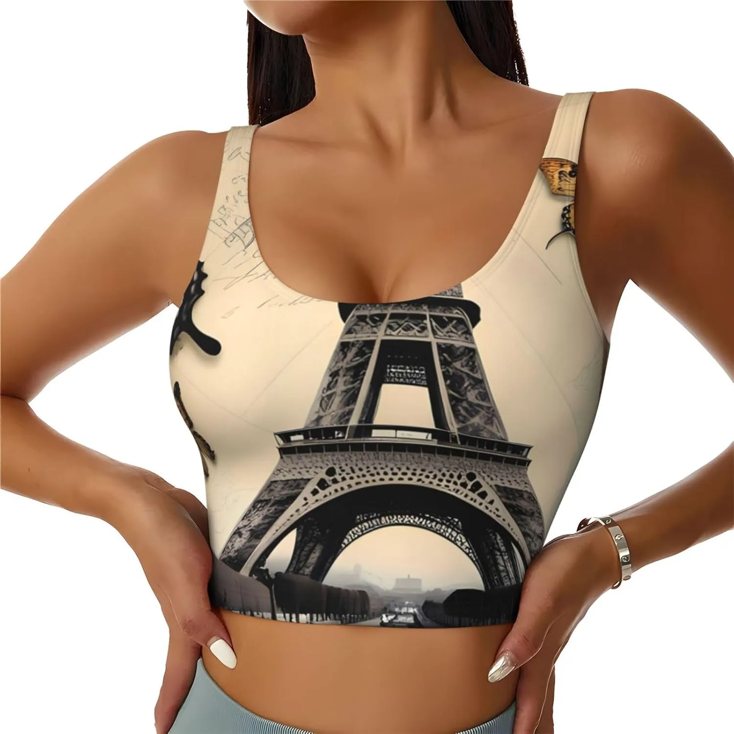 Women's Sports Bra Elastic Sports Vest Yoga Tank Top Tops Shirts Quick Dry Fabric Paris Eiffel Tower Butterfly Pattern XX-Large