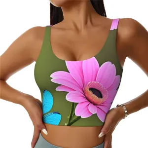 Women's Sports Bra Elastic Sports Vest Yoga Tank Top Tops Shirts Quick Dry Fabric Pink flower and blue dragonfly Pattern Small