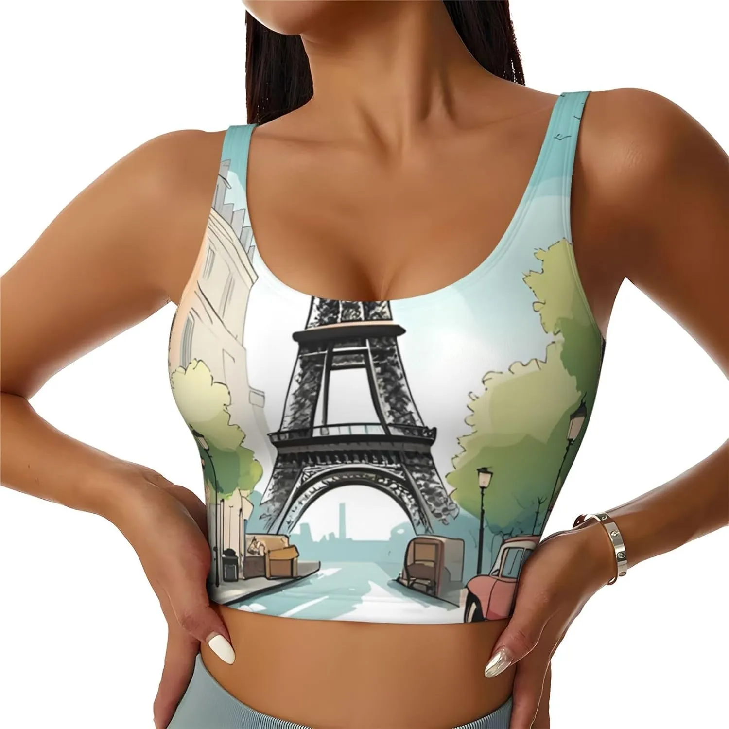 Women's Sports Bra Elastic Sports Vest Yoga Tank Top Tops Shirts Quick Dry Fabric Romantic Paris Eiffel Tower Bycicle Pattern Medium