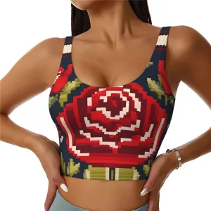 Women's Sports Bra Elastic Sports Vest Yoga Tank Top Tops Shirts Quick Dry Fabric Ukrainian Embroidery Style Rose Pattern X-Large
