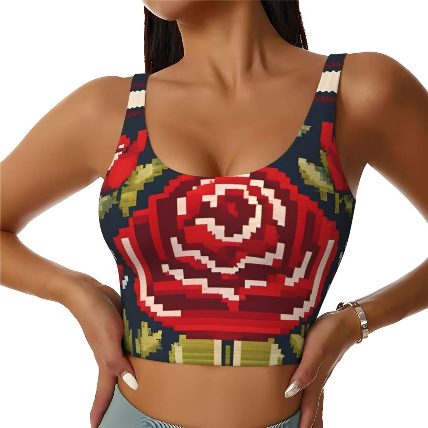 Women's Sports Bra Elastic Sports Vest Yoga Tank Top Tops Shirts Quick Dry Fabric Ukrainian Embroidery Style Rose Pattern X-Large