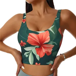 Women's Sports Bra Elastic Sports Vest Yoga Tank Top Tops Shirts Quick Dry Fabric Vegetation Leaves with Hibiscus Flowers Pattern Medium