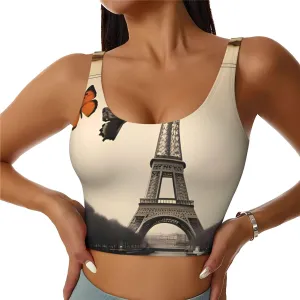 Women's Sports Bra Elastic Sports Vest Yoga Tank Top Tops Shirts Quick Dry Fabric Vintage Paris Eiffel Tower Butterfly Pattern Large