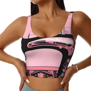 Women's Sports Bra Elastic Sports Vest Yoga Tank Top Tops Shirts Quick Dry Fabric Vintage pink sewing machine Pattern X-Large