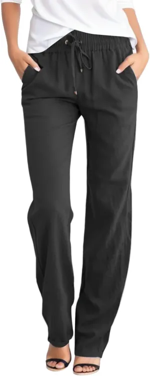 Women's Summer High Waisted Linen Pants Straight Leg Drawstring Beach Pants Casual Loose Comfy Trousers with Pockets