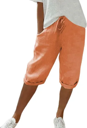 Womens Summer Mix Cotton Linen Palazzo Pants Drawstring Casual Solid Color Shorts Casual Beach Long Pants