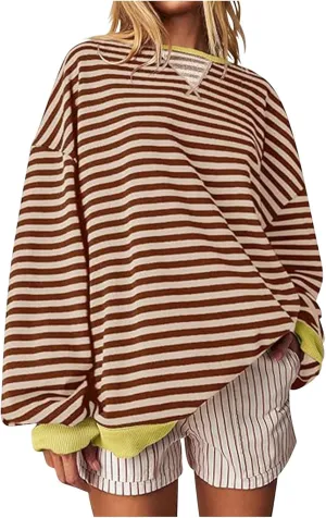 Womens Sweatshirt Casual Striped Color Block Crewneck Pullover Tops Fleece Soft Cofmy Clothes 2024 Fshion Fall Tops