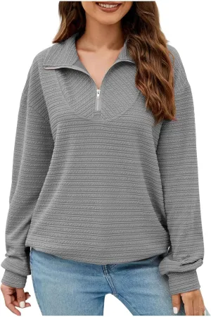 Womens Sweatshirts Half Zip Long Sleeve Sweater Fashion Waffle Plain Warm Tops Fall Trendy Fleece Pullover Top 2024