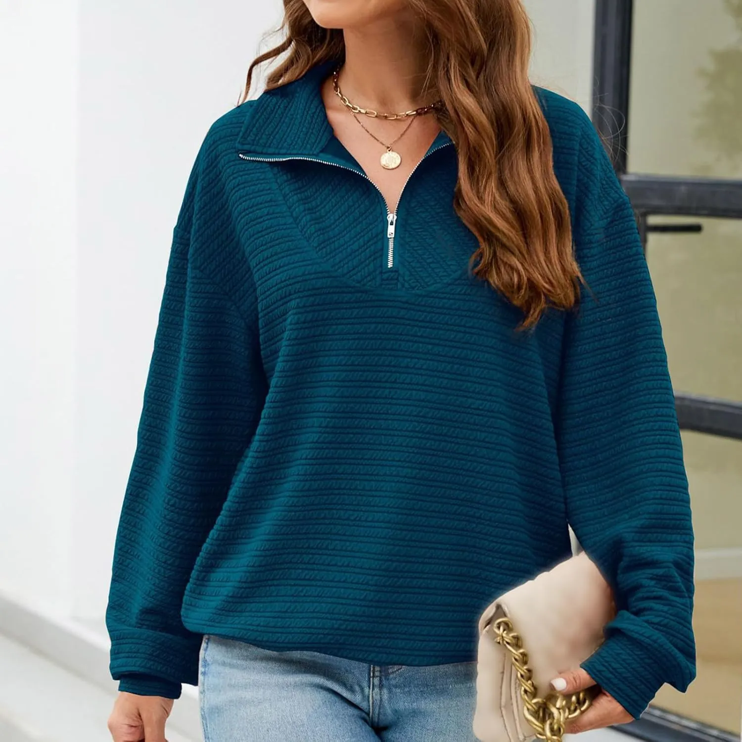 Womens Sweatshirts Half Zip Long Sleeve Sweater Fashion Waffle Plain Warm Tops Fall Trendy Fleece Pullover Top 2024