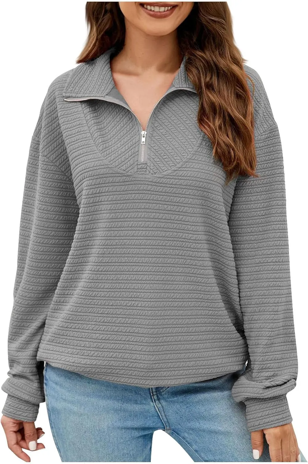 Womens Sweatshirts Half Zip Long Sleeve Sweater Fashion Waffle Plain Warm Tops Fall Trendy Fleece Pullover Top 2024