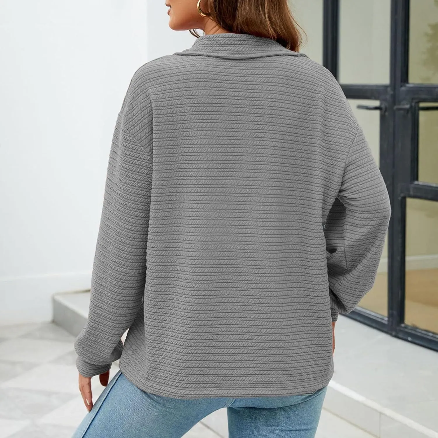 Womens Sweatshirts Half Zip Long Sleeve Sweater Fashion Waffle Plain Warm Tops Fall Trendy Fleece Pullover Top 2024