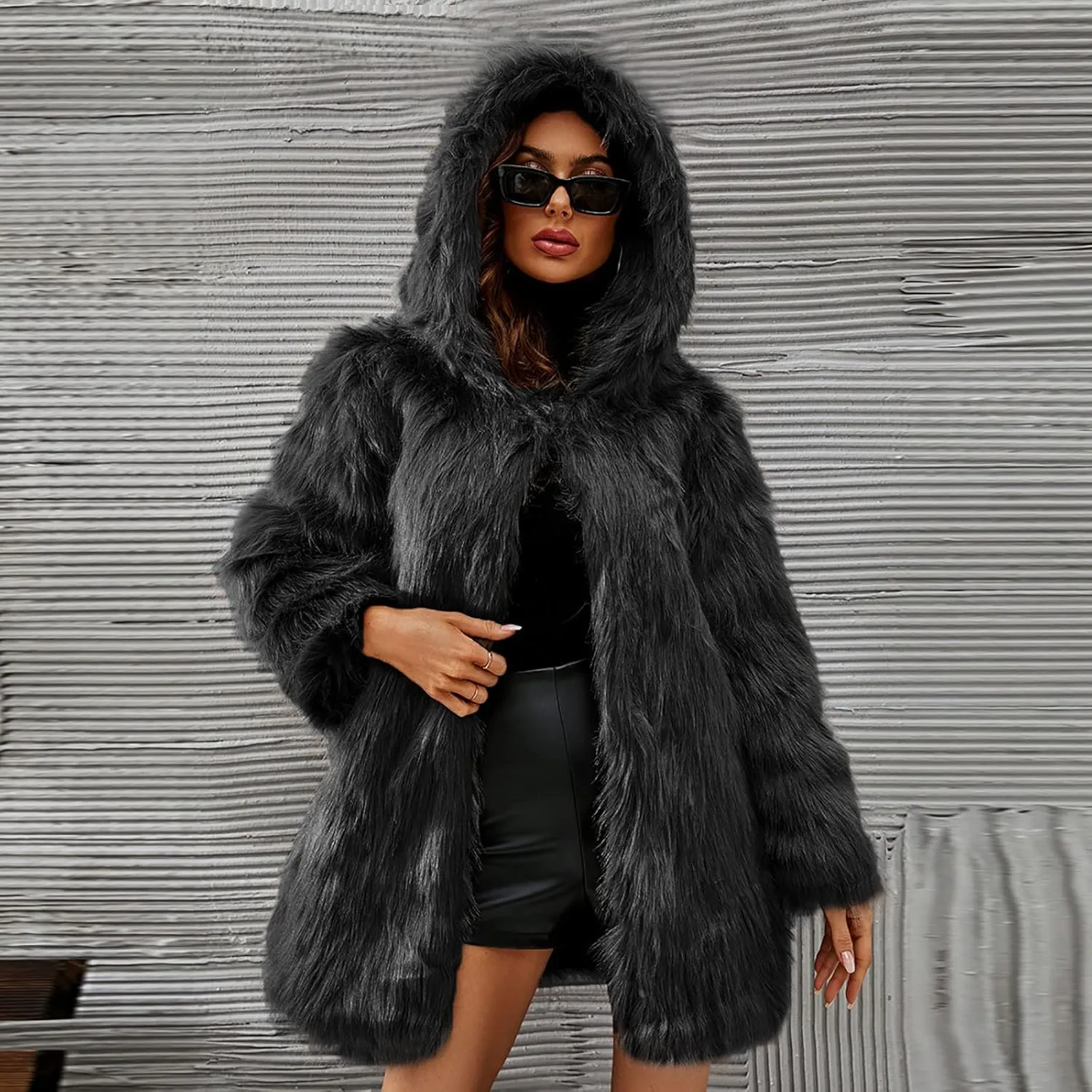 Women's Winter Warm Faux Fur Coat with Hood Long Sleeve Open Front Cardigan Elegant Solid Furry Hooded Jacket Outerwear