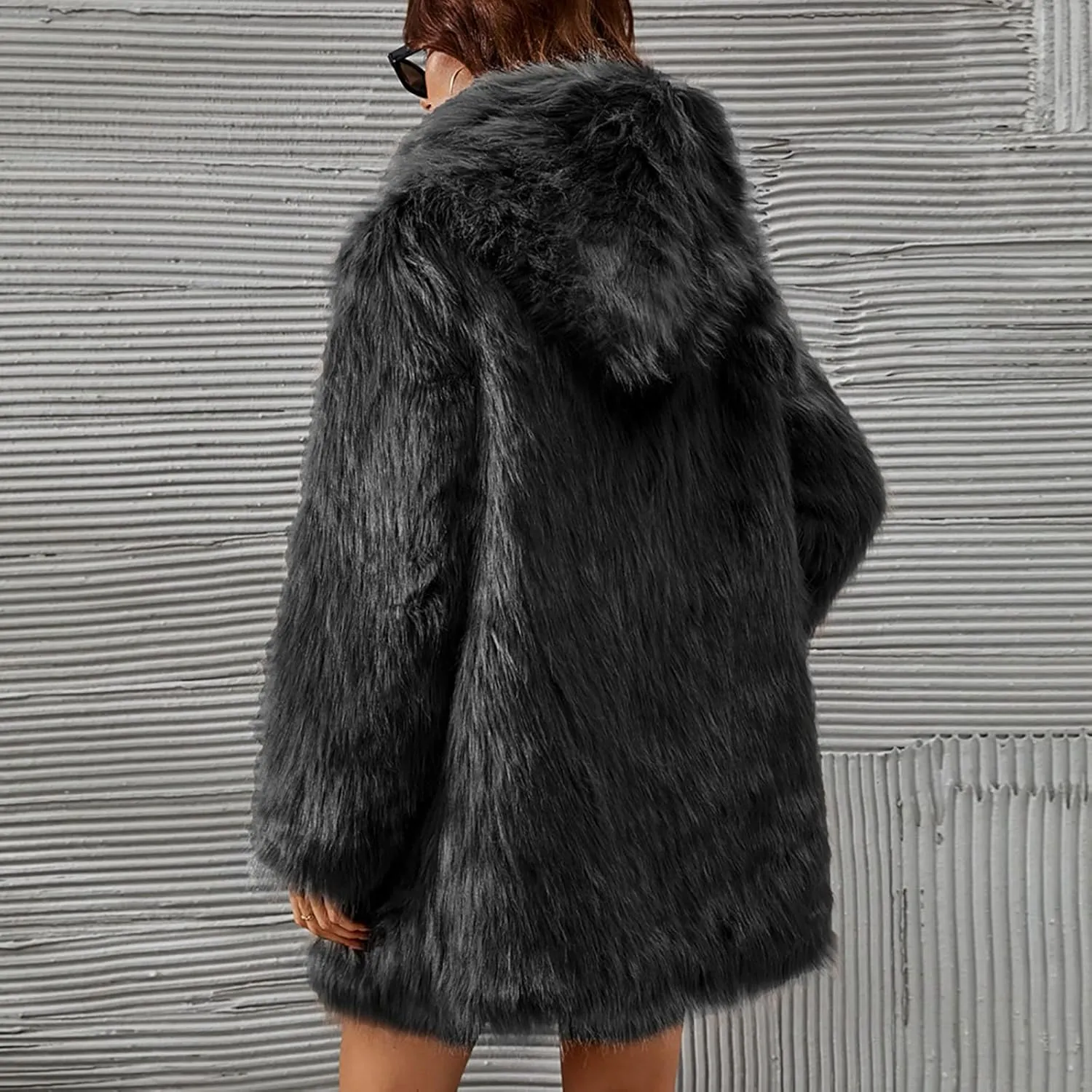 Women's Winter Warm Faux Fur Coat with Hood Long Sleeve Open Front Cardigan Elegant Solid Furry Hooded Jacket Outerwear