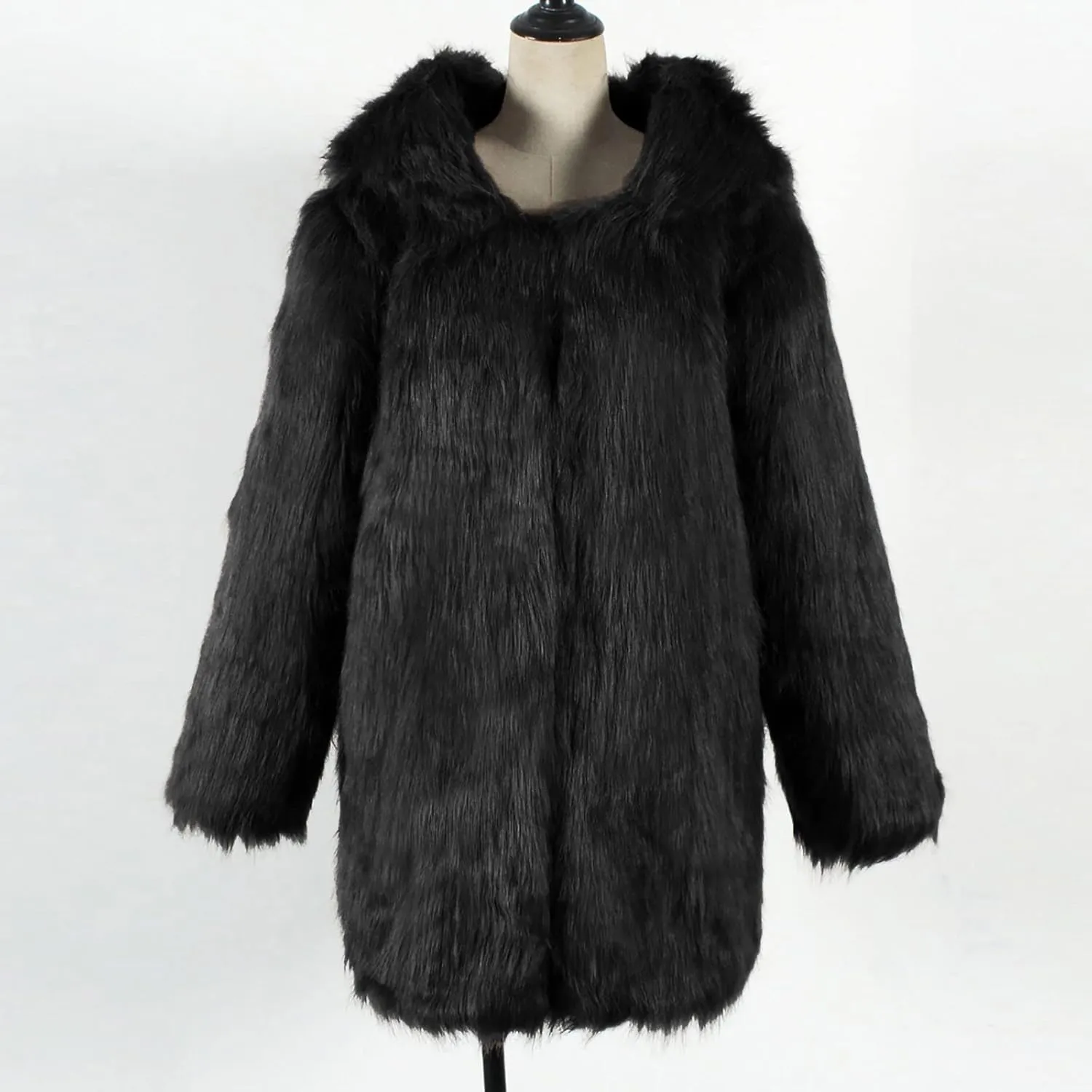Women's Winter Warm Faux Fur Coat with Hood Long Sleeve Open Front Cardigan Elegant Solid Furry Hooded Jacket Outerwear
