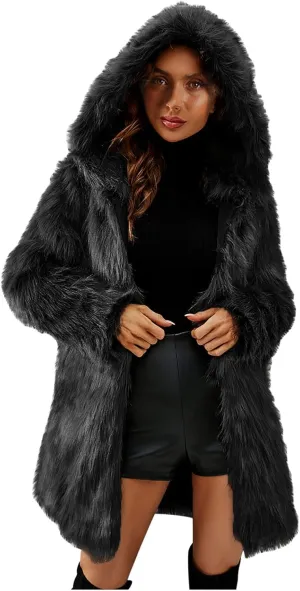 Women's Winter Warm Faux Fur Coat with Hood Long Sleeve Open Front Cardigan Elegant Solid Furry Hooded Jacket Outerwear