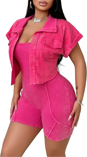 Women's Workout Jumpsuits Two Piece Ribbed Square Neck Yoga Romper Short Sexy Bodycon Bodysuits Summer Outfits
