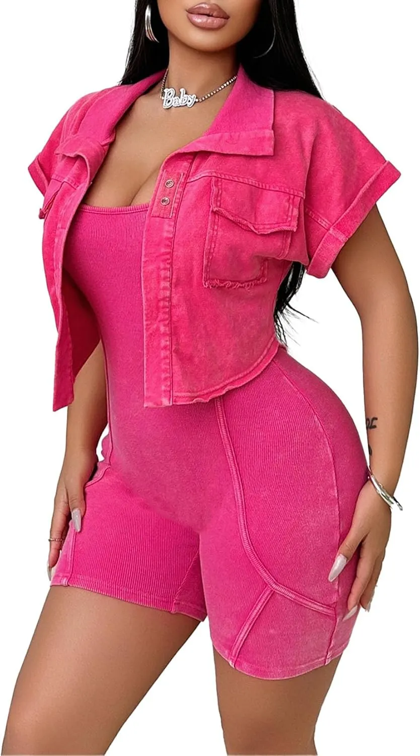 Women's Workout Jumpsuits Two Piece Ribbed Square Neck Yoga Romper Short Sexy Bodycon Bodysuits Summer Outfits