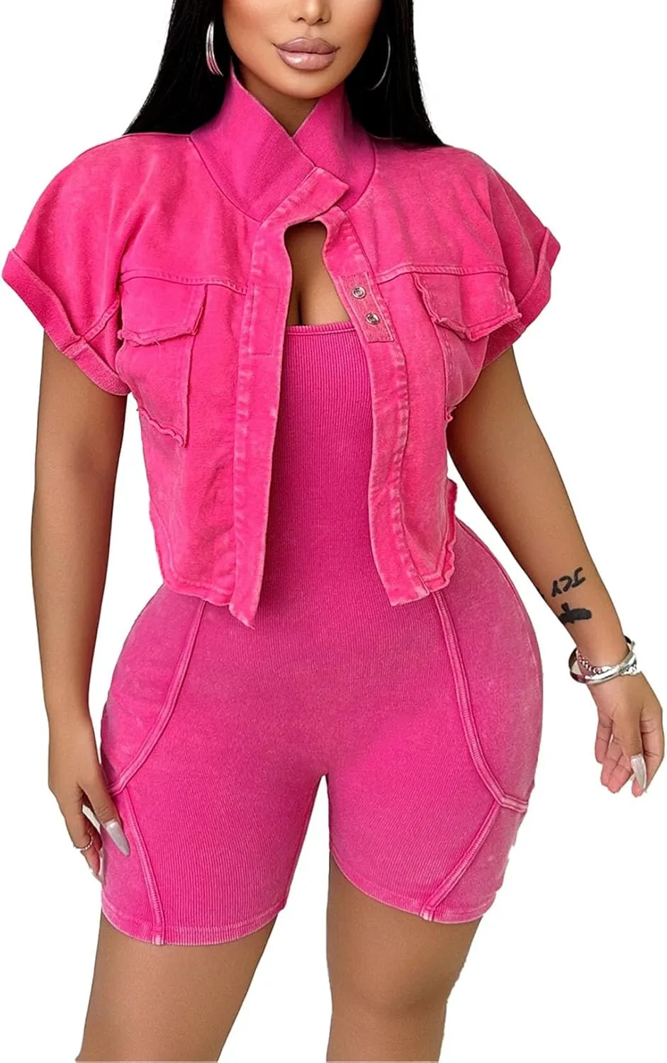 Women's Workout Jumpsuits Two Piece Ribbed Square Neck Yoga Romper Short Sexy Bodycon Bodysuits Summer Outfits