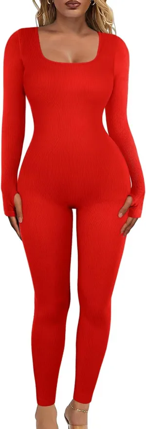 Women's Yoga Long Sleeve Jumpsuit with Tummy Control Workout Ribbed Bodysuit Square Neck Bodycon