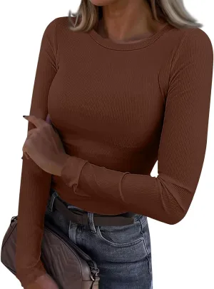 Womne's Ribbed Crew Neck Slim Fitted T Shirts Basic Solid Long Sleeve Layering Tee Tops Stretch Casual Tunic Tops
