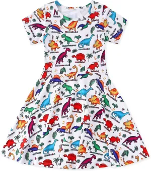 WonderBabe Girls Dresses Toddler Dinosaur Summer Sundress Kids Short Sleeve School Casual A Line Twirly Skater Dresses