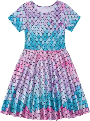 WonderBabe Girls Dresses Toddler Dinosaur Summer Sundress Kids Short Sleeve School Casual A Line Twirly Skater Dresses