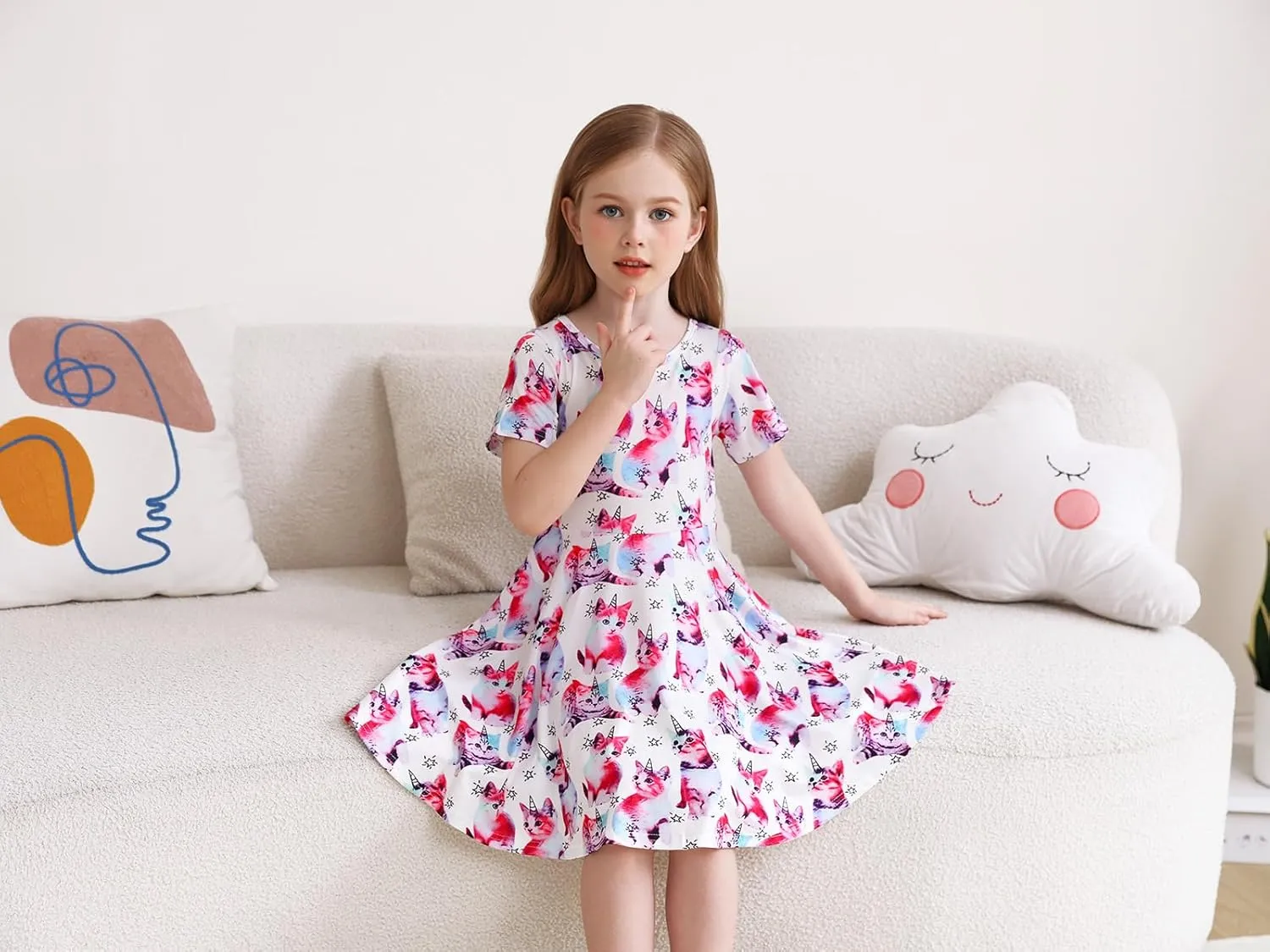 WonderBabe Girls Dresses Toddler Dinosaur Summer Sundress Kids Short Sleeve School Casual A Line Twirly Skater Dresses