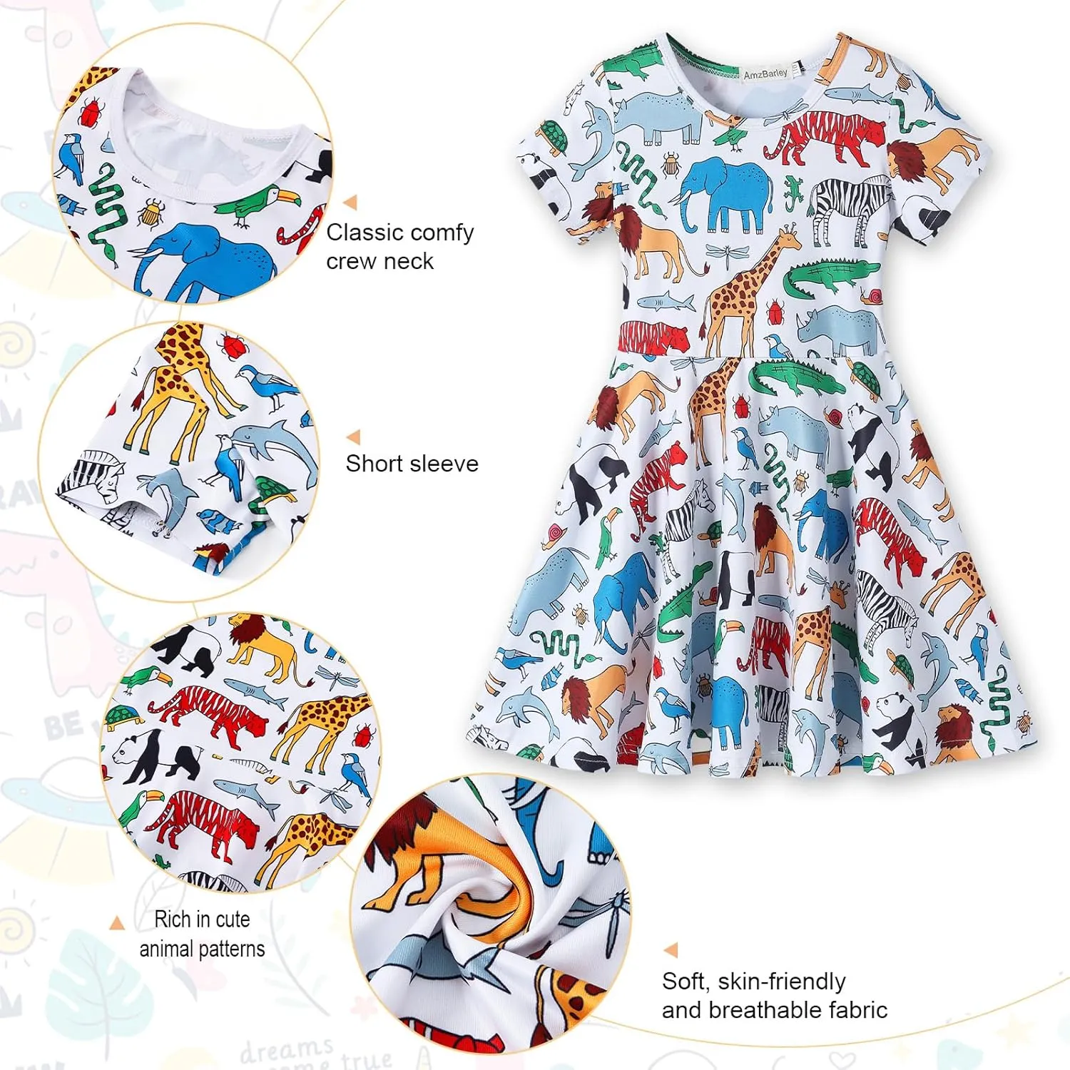 WonderBabe Girls Dresses Toddler Dinosaur Summer Sundress Kids Short Sleeve School Casual A Line Twirly Skater Dresses
