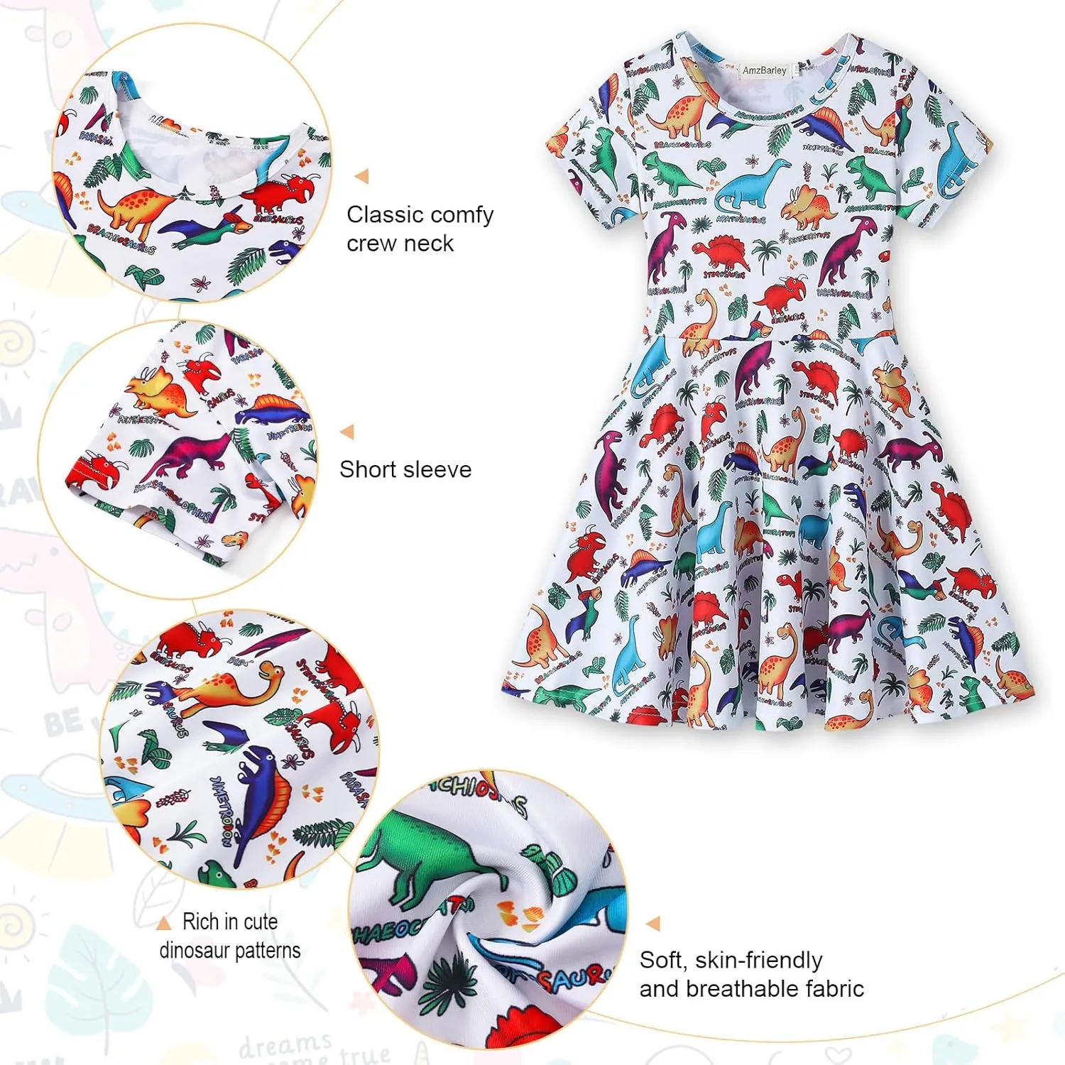 WonderBabe Girls Dresses Toddler Dinosaur Summer Sundress Kids Short Sleeve School Casual A Line Twirly Skater Dresses