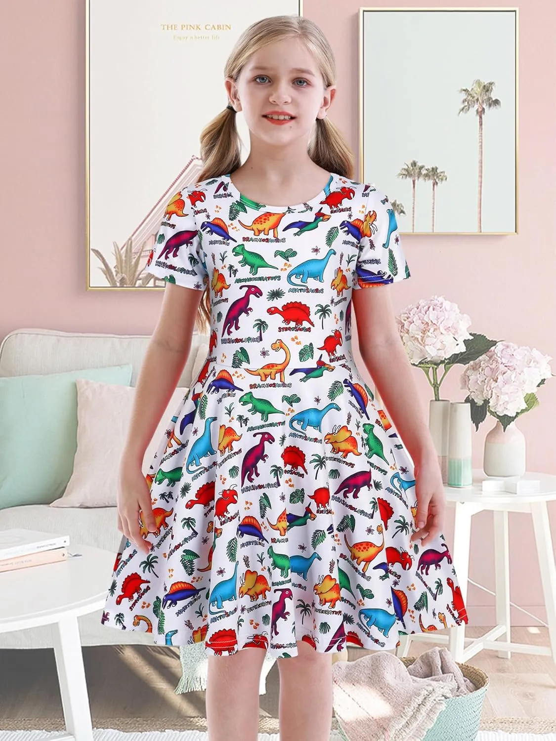 WonderBabe Girls Dresses Toddler Dinosaur Summer Sundress Kids Short Sleeve School Casual A Line Twirly Skater Dresses