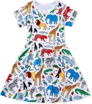 WonderBabe Girls Dresses Toddler Dinosaur Summer Sundress Kids Short Sleeve School Casual A Line Twirly Skater Dresses