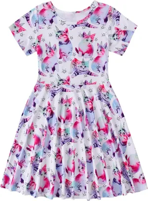 WonderBabe Girls Dresses Toddler Dinosaur Summer Sundress Kids Short Sleeve School Casual A Line Twirly Skater Dresses