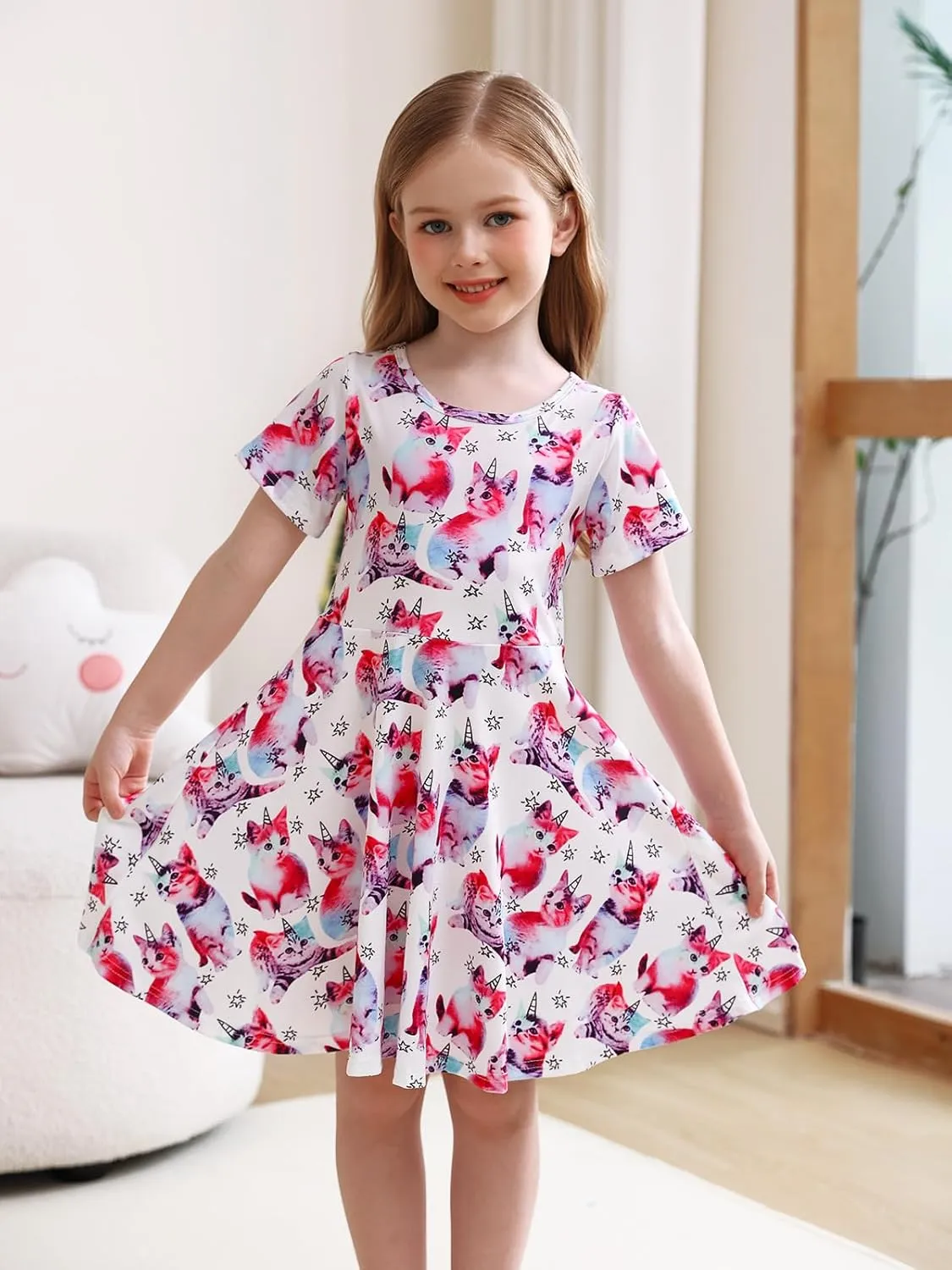 WonderBabe Girls Dresses Toddler Dinosaur Summer Sundress Kids Short Sleeve School Casual A Line Twirly Skater Dresses