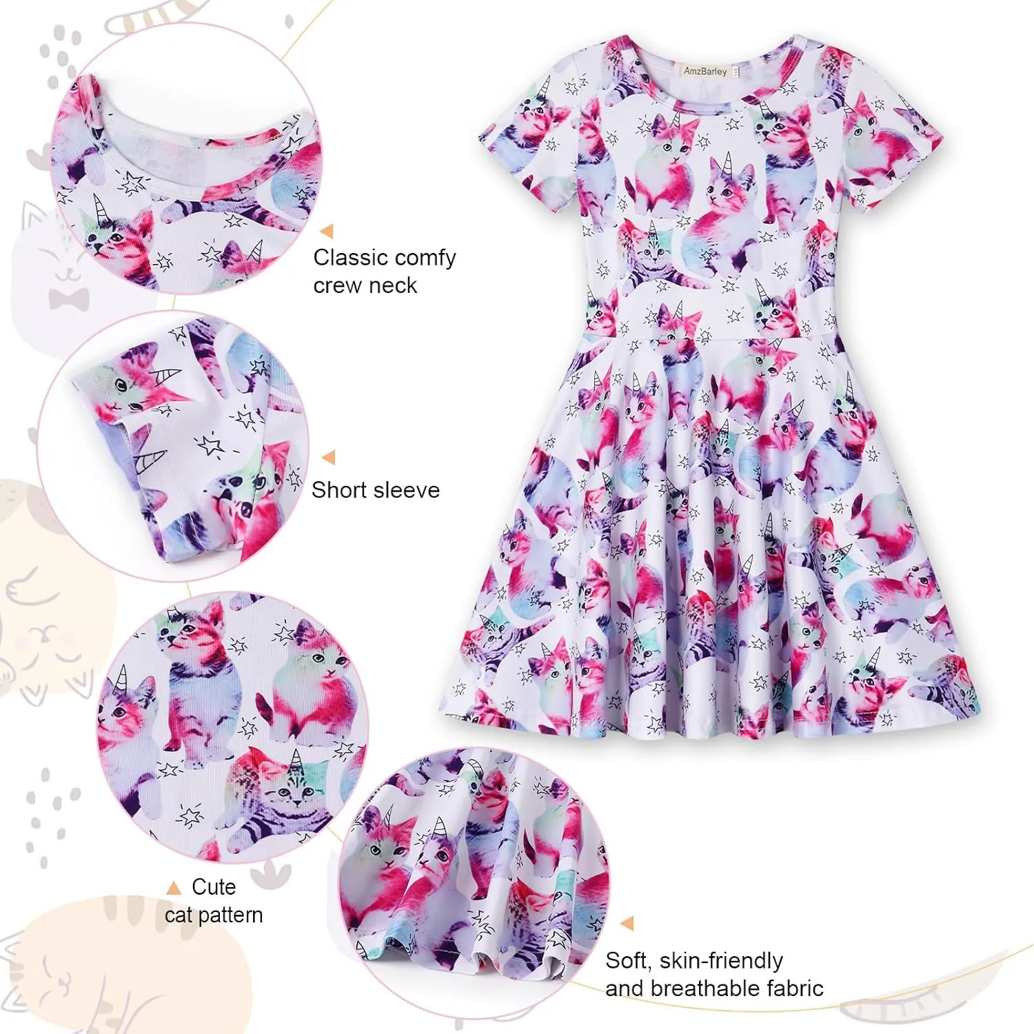 WonderBabe Girls Dresses Toddler Dinosaur Summer Sundress Kids Short Sleeve School Casual A Line Twirly Skater Dresses