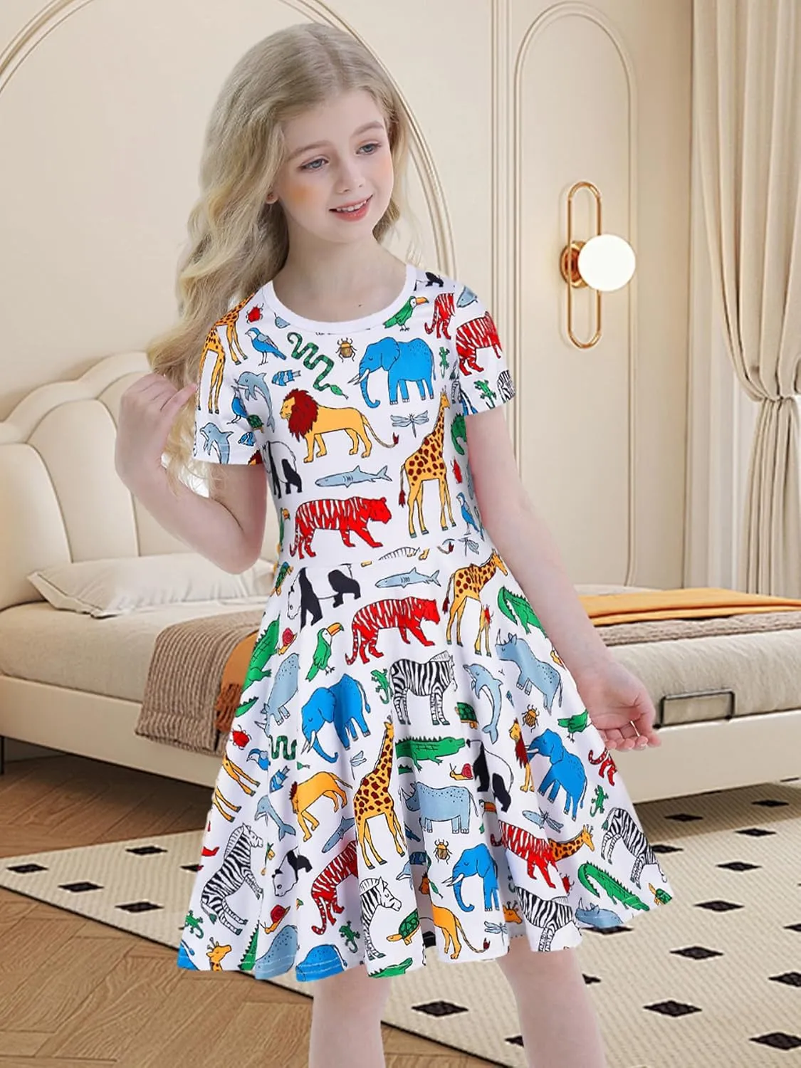 WonderBabe Girls Dresses Toddler Dinosaur Summer Sundress Kids Short Sleeve School Casual A Line Twirly Skater Dresses