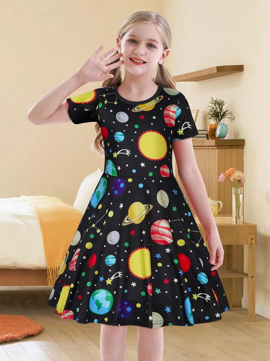 WonderBabe Girls Dresses Toddler Dinosaur Summer Sundress Kids Short Sleeve School Casual A Line Twirly Skater Dresses