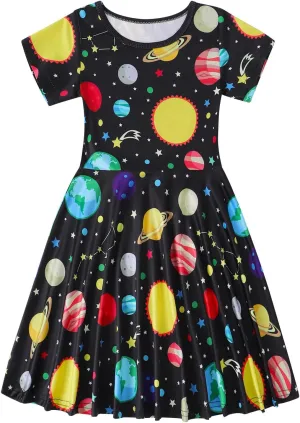 WonderBabe Girls Dresses Toddler Dinosaur Summer Sundress Kids Short Sleeve School Casual A Line Twirly Skater Dresses