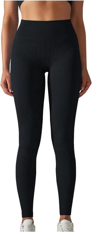 Yoga Leggings for Women High Waist Tummy Control Yoga Pants Ribbed Stretch Workout Leggings Compression Gym Tights