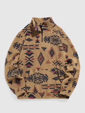 ZAFUL Mens 1/4 Zipper Fleece Sherpa Pullover Sweatshirt Ethnic Aztec Printed Kangaroo Pocket Fall Winter Unisex Hoodie Tops