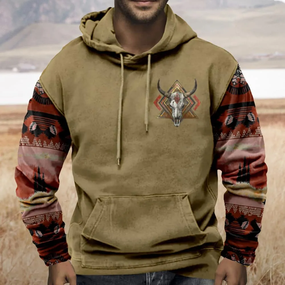 ZOCAVIA Men's Aztec Western Hoodie Cowboy Pullover Hoodie Oversized Vintage Country Sweatshirt Graphic Hoodie Plus Size