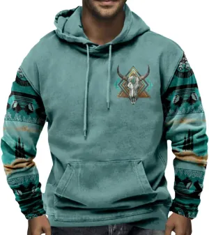 ZOCAVIA Men's Aztec Western Hoodie Cowboy Pullover Hoodie Oversized Vintage Country Sweatshirt Graphic Hoodie Plus Size