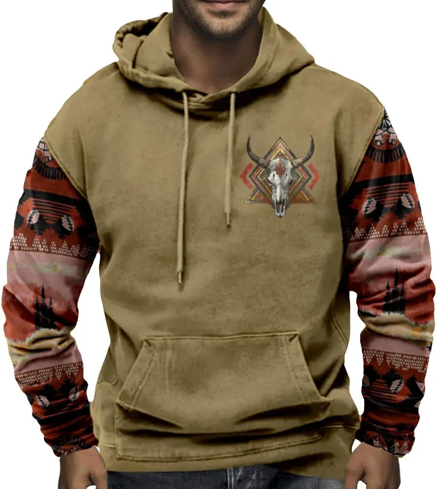 ZOCAVIA Men's Aztec Western Hoodie Cowboy Pullover Hoodie Oversized Vintage Country Sweatshirt Graphic Hoodie Plus Size