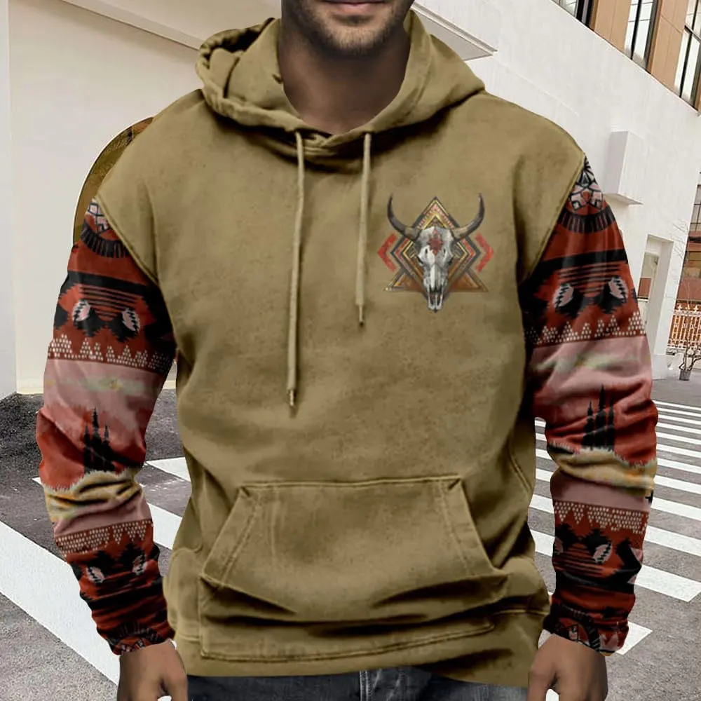ZOCAVIA Men's Aztec Western Hoodie Cowboy Pullover Hoodie Oversized Vintage Country Sweatshirt Graphic Hoodie Plus Size