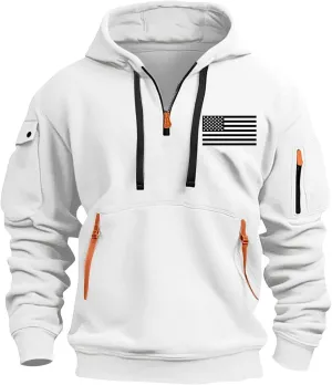 ZYXTIM Half Zip Hoodie for Men USA Printed Tactical Sweatshirt Plus Size Vintage Long Sleeve Trendy Pullover Tops with Pocket